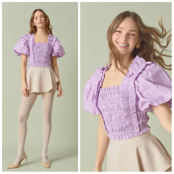 NWT Endless Rose Smocked Puff Sleeve Top Purple Lilac Medium - Picture 1 of 10